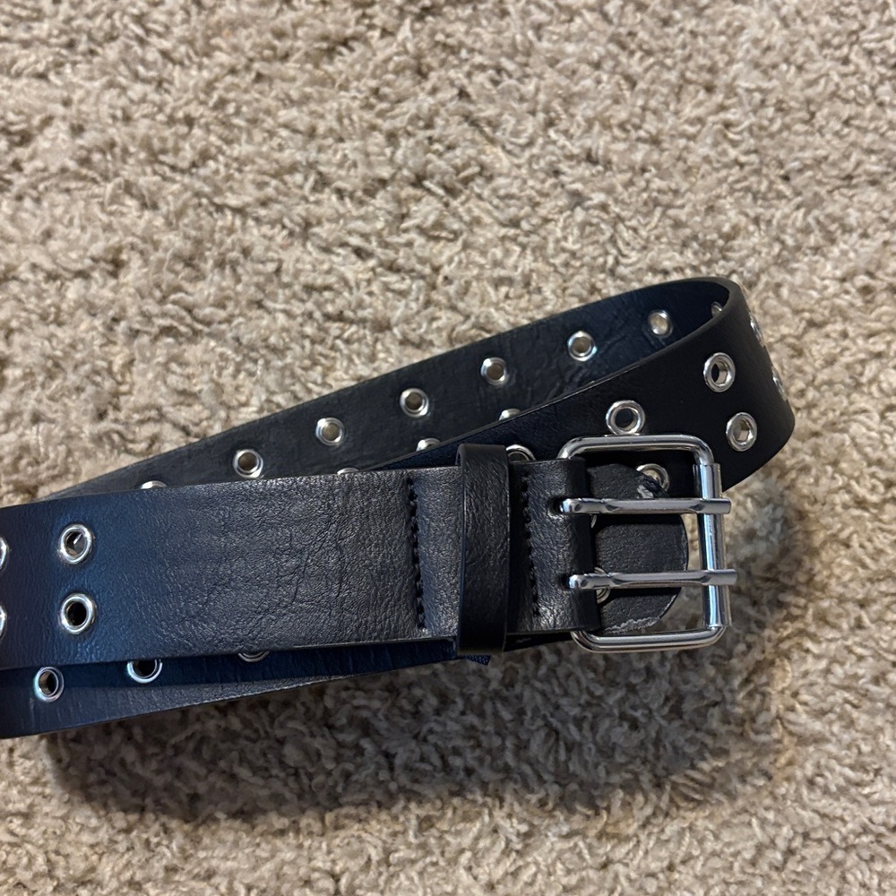 Women’s Black Leather Belt with Silver Buckle